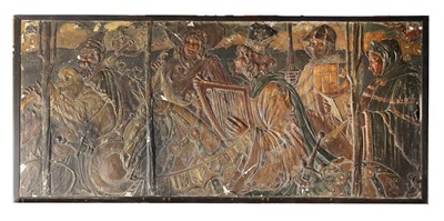 Lot 171 - An Arts and Crafts painted plaster panel of 'The Canterbury Tales'