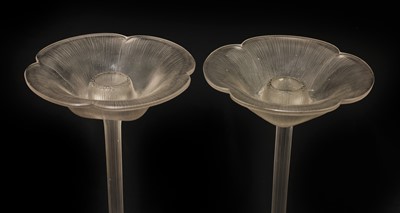Lot 185 - A pair of Lalique 'Pavot' glass candle stands