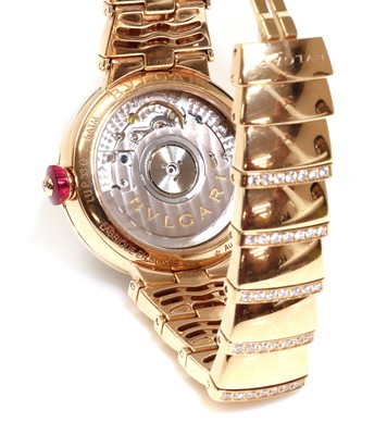 Lot 361 - A ladies' 18ct rose gold Bulgari 'Lucea' diamond set automatic bracelet watch