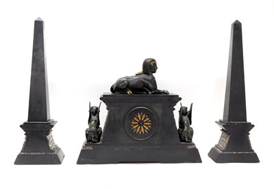 Lot 53 - An Egyptian Revival marble and slate mantel clock garniture