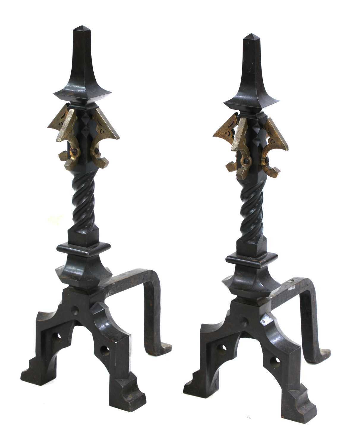 Lot 132 - A pair of Arts and Crafts wrought iron and bronze firedogs