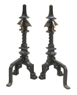Lot 132 - A pair of Arts and Crafts wrought iron and bronze firedogs