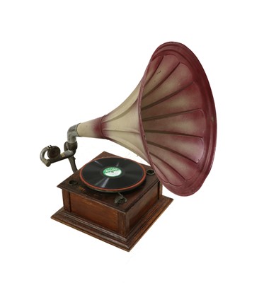 Lot 223A - A Dulcetto oak cased gramophone with pressed tin horn