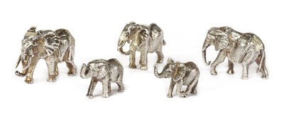 Lot 1316 - A set of five silver sculptures of elephants, by Patrick Mavros