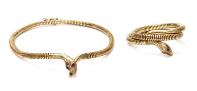 Lot 280 - A 9ct gold snake bangle and necklace suite, c.1970