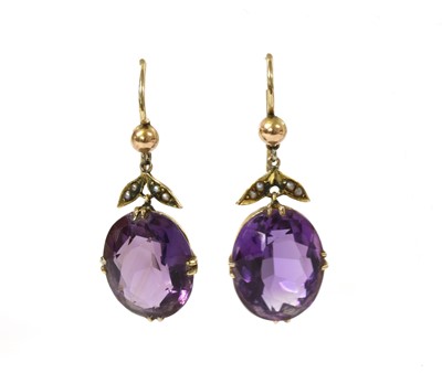 Lot 1251 - A pair of gold amethyst and split pearl drop earrings