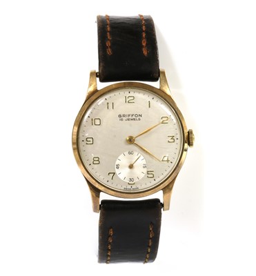 Lot 1536 - A gentlemen's 9ct gold Griffon mechanical strap watch, c.1960