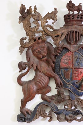 Lot 4 - A large carved and polychrome painted Royal Coat of Arms of the United Kingdom