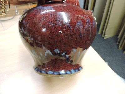 Lot 91 - A Chinese blue and white and iron-red stem bowl