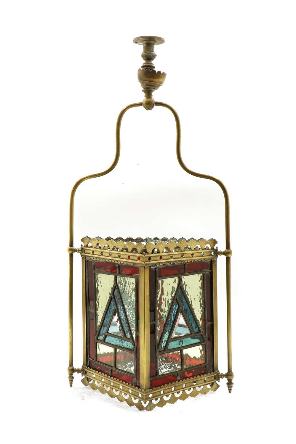 Lot 229 - A Victorian brass hall lantern with stained glass panels