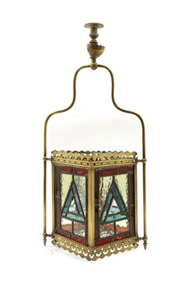 Lot 229A - A Victorian brass hall lantern with stained glass panels