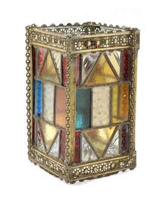 Lot 206 - A small Victorian brass framed lantern with stained glass panels