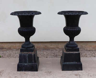 Lot 481 - A pair of cast iron black painted campana form garden urns