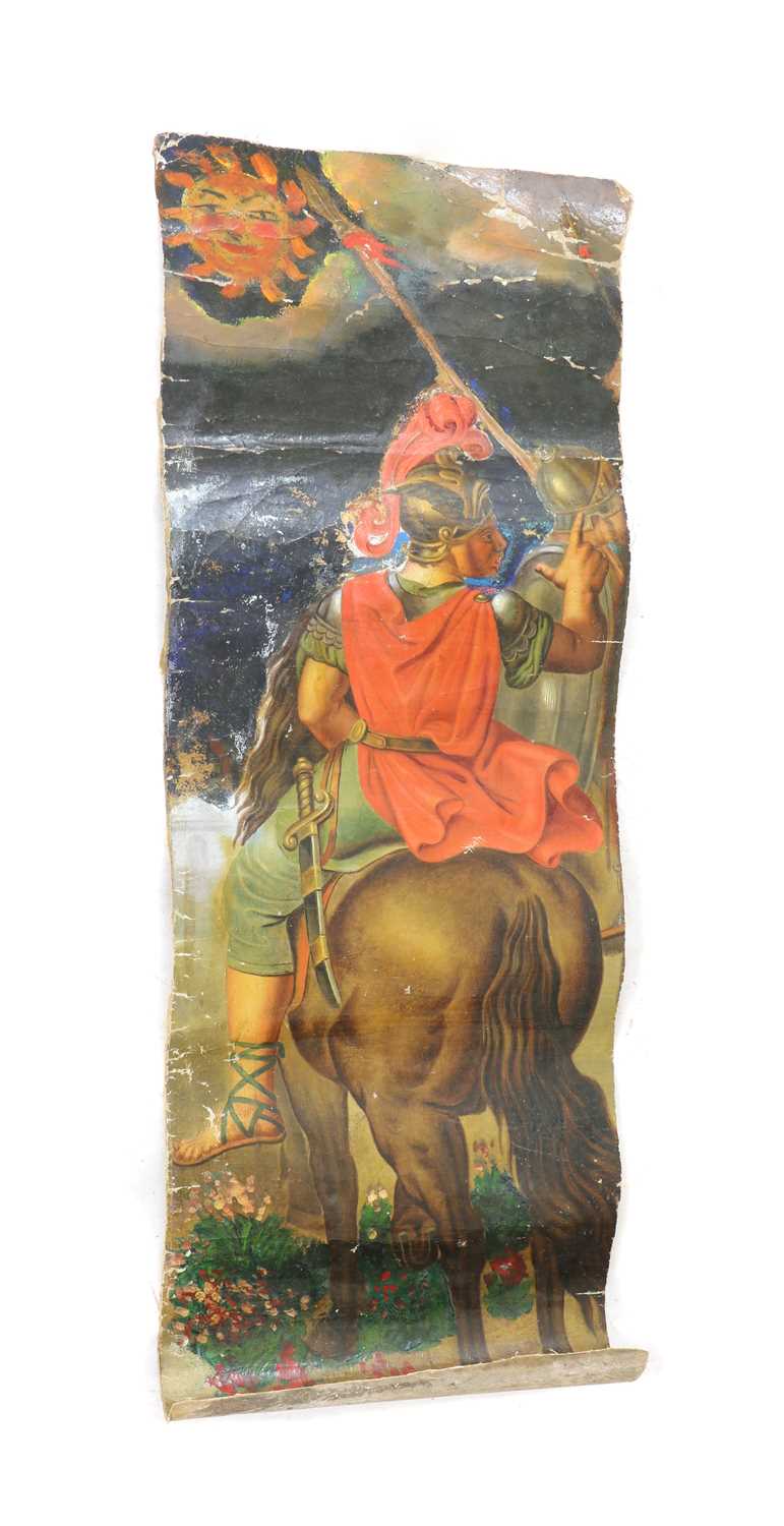 Lot 210 - A fragment of painted canvas depicting a knight on a horse