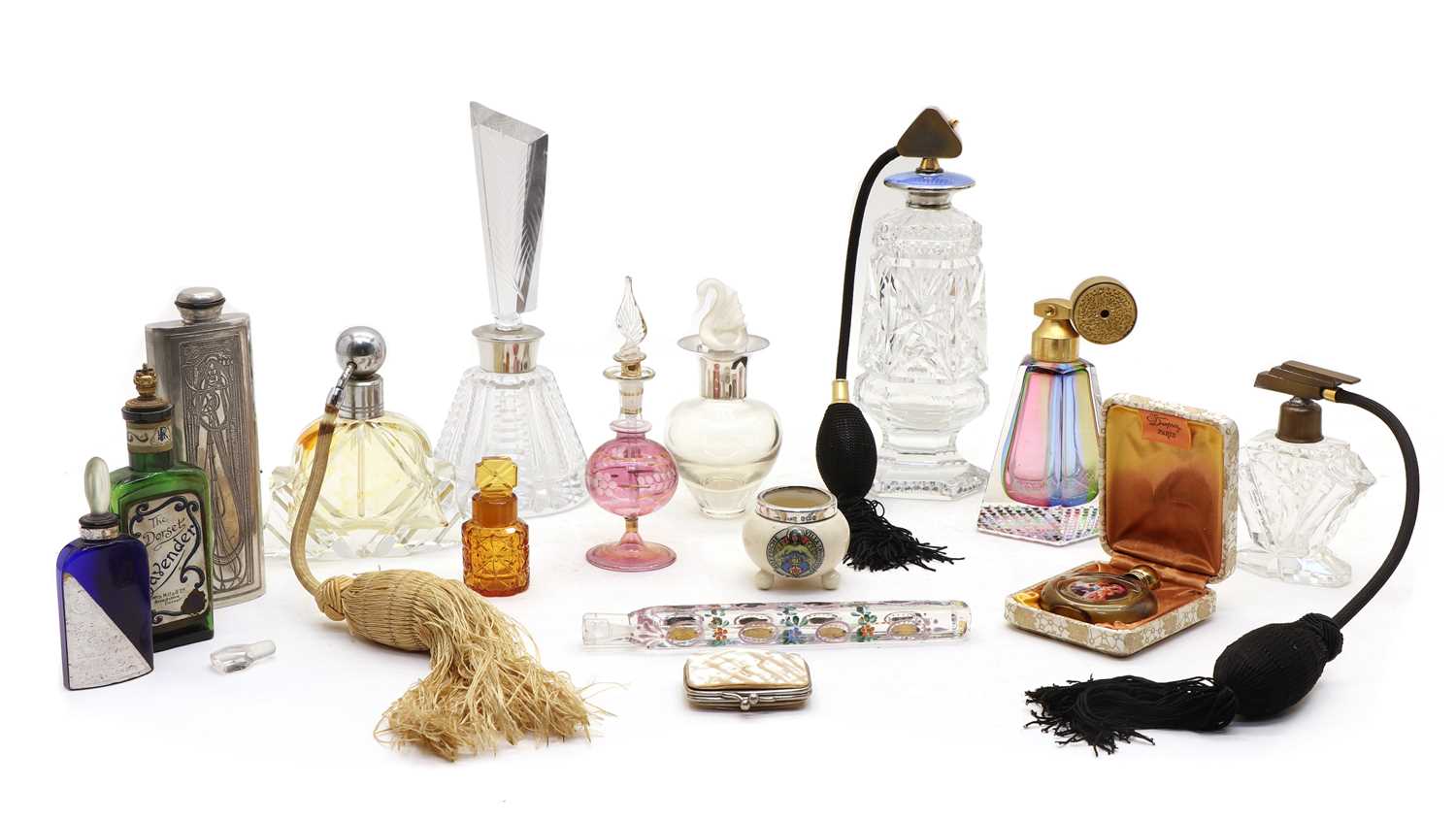 Lot 15 - A collection of perfume bottles and dressing jars