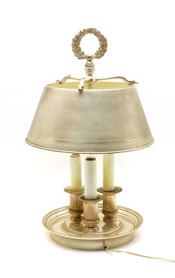 Lot 264 - A silver plated bouillotte triple branch table lamp