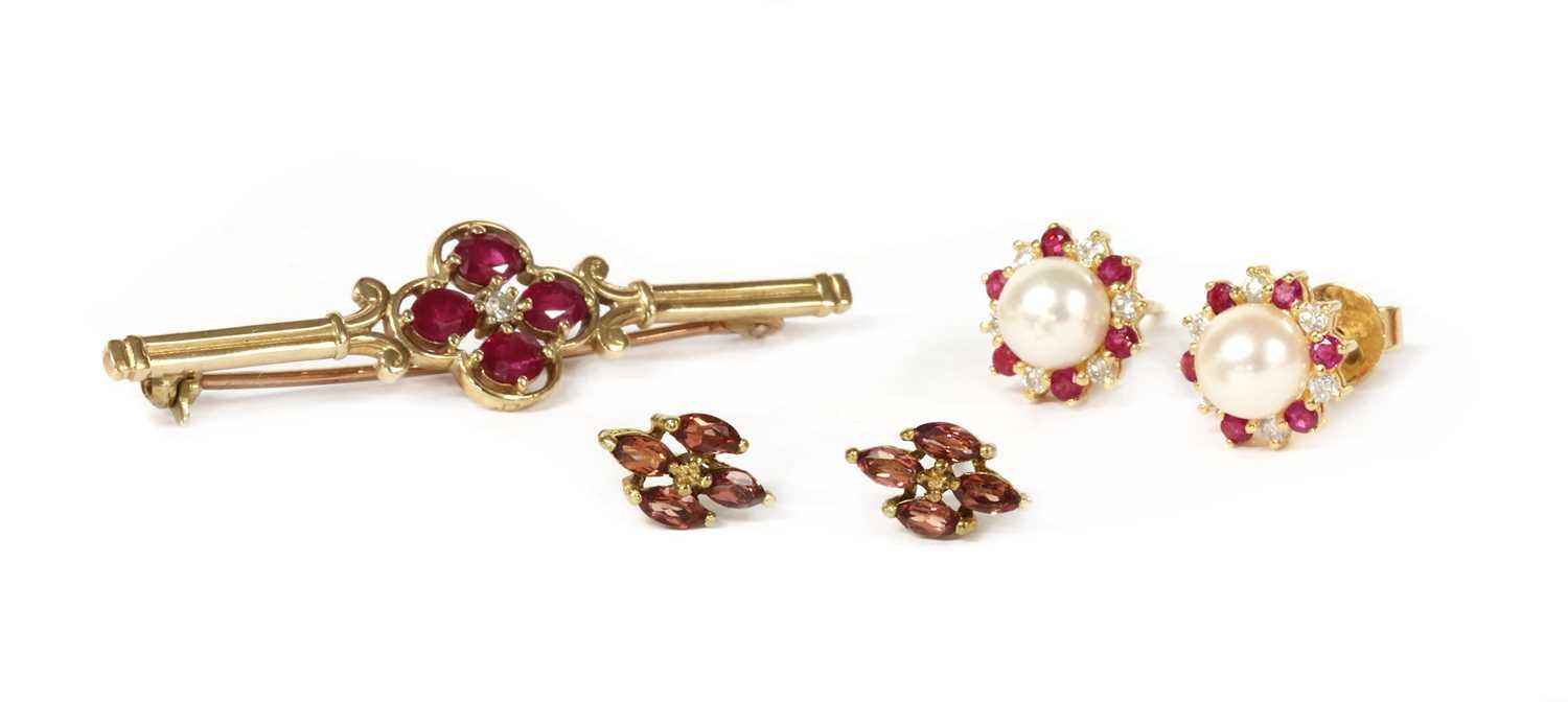 Lot 1226 - A pair of 18ct gold cultured pearl, diamond and ruby cluster earrings