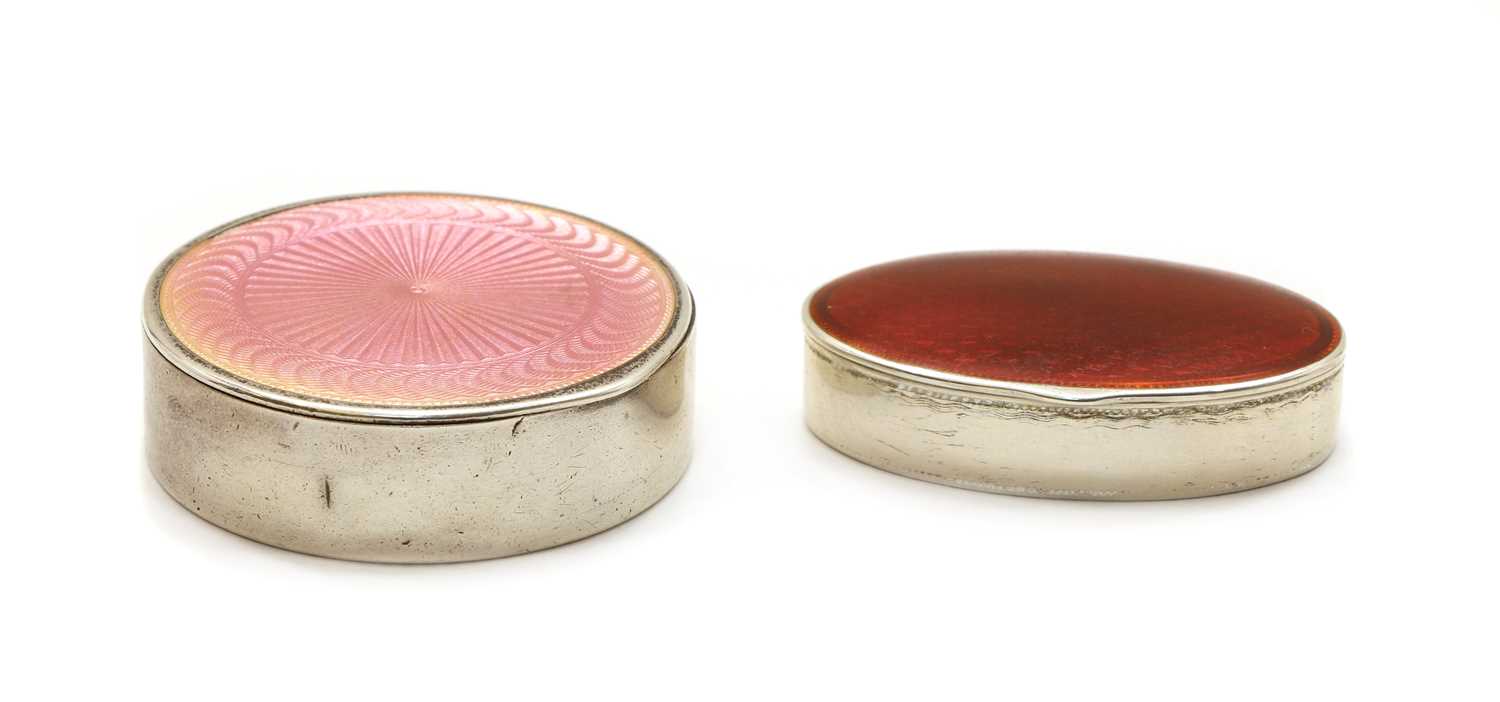Lot 22 - Two Norwegian sterling silver guilloche enamelled pill boxes