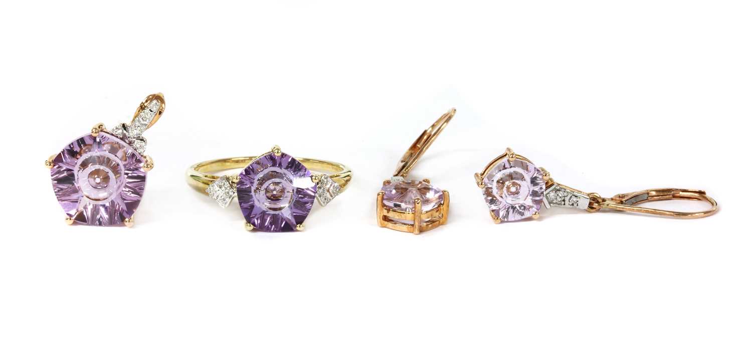 Lot 136 - A 9ct gold pentagonal fantasy cut amethyst and diamond ring, pendant and earrings suite