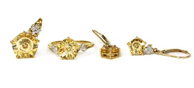 Lot 143 - A 9ct gold pentagonal fantasy cut citrine and diamond ring, pendant and earrings suite
