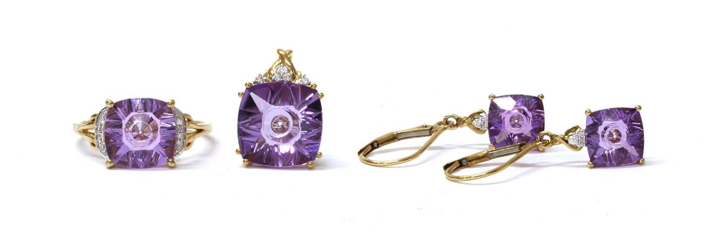 Lot 196 - A gold cushion shaped fantasy cut amethyst and diamond ring, pendant and earrings suite