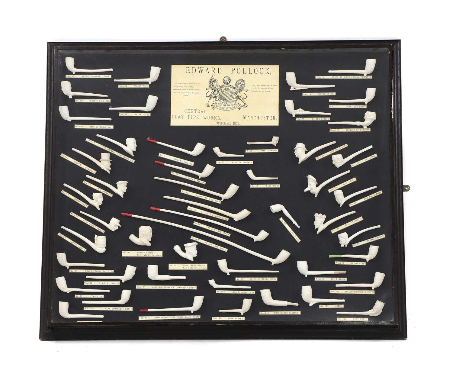 Lot 157 - A glazed case display of clay pipes