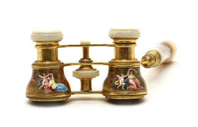 Lot 287 - A pair of enamelled and mother-of-pearl mounted opera glasses