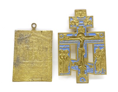 Lot 243 - A Russian brass and enamel icon