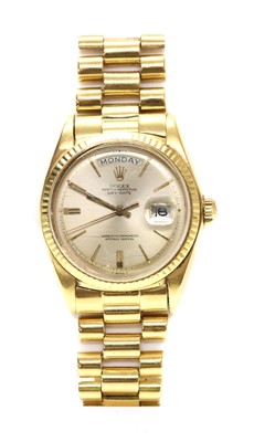 Lot 537 - A gentlemen's 18ct gold Rolex 'Oyster Perpetual' automatic day date bracelet watch 1803, c.1973