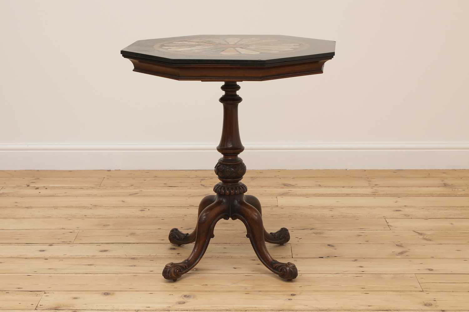 Lot 15 - An octagonal walnut and specimen marble-topped table