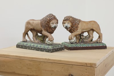 Lot 262 - A pair of large pearlware lions