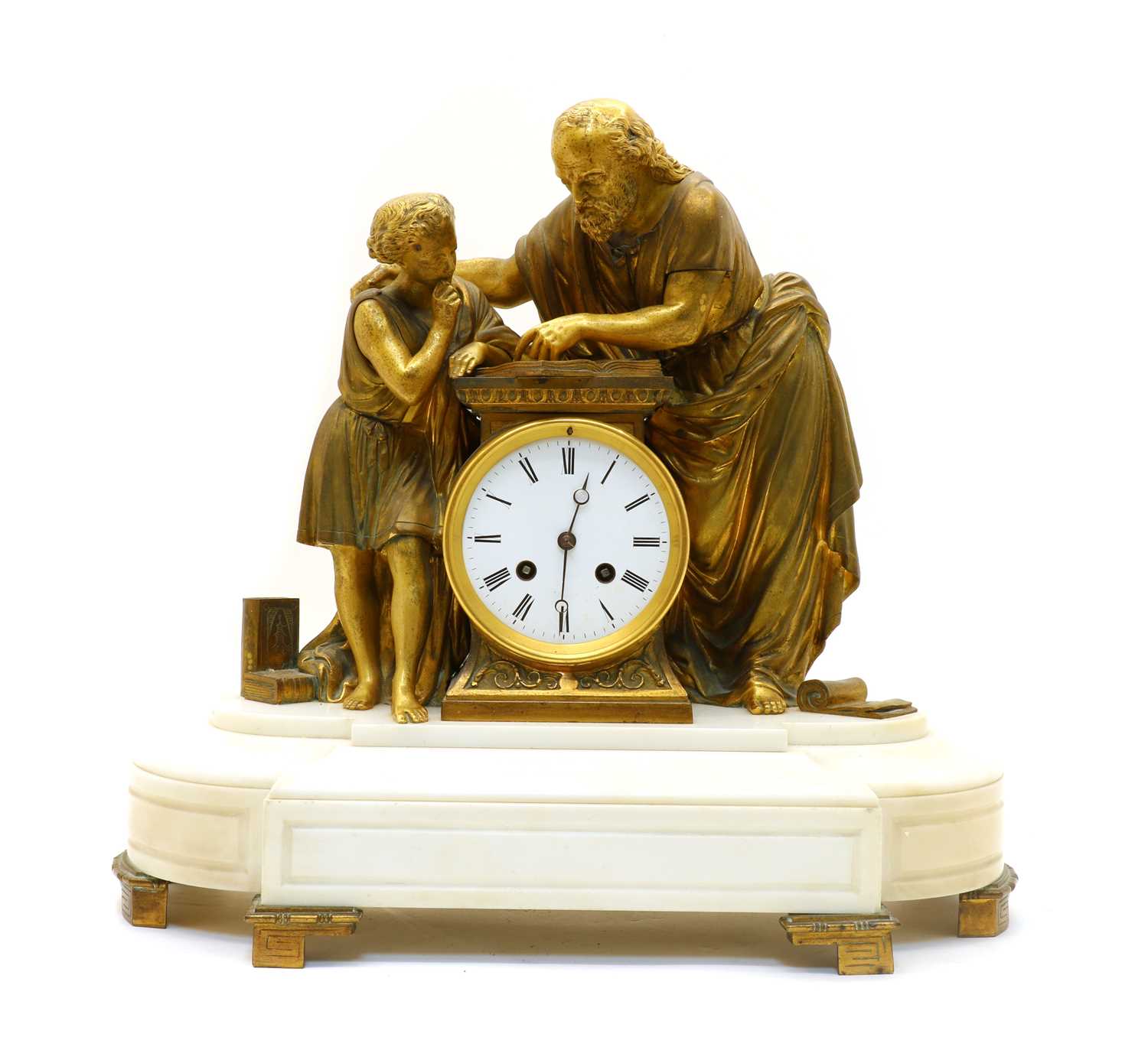 Lot 98 - A late 19th century French bronze and white marble figural mantel clock