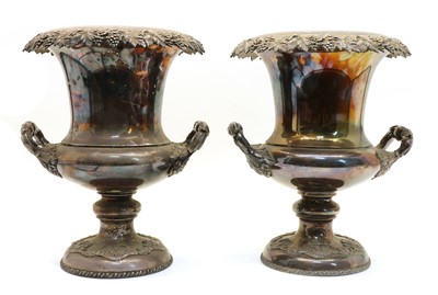Lot 28 - A pair of silver-plated campana shaped urns