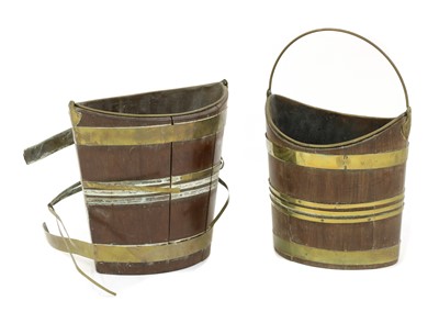 Lot 249 - Two George III mahogany navette shaped brass bound buckets