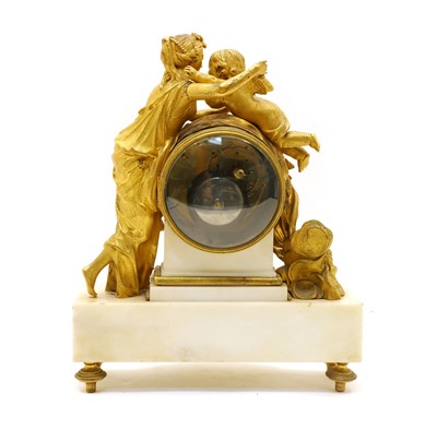 Lot 102 - A 19th century French gilt bronze and white marble lady and cherub mantel clock