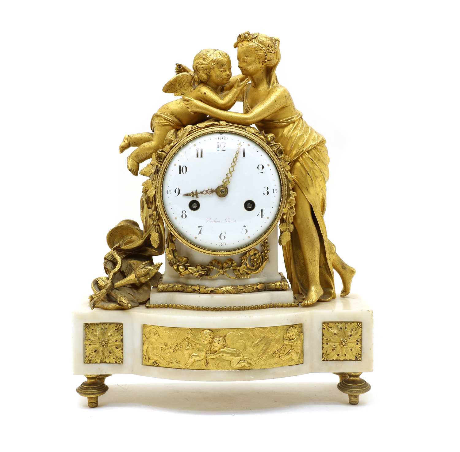Lot 102 - A 19th century French gilt bronze and white marble lady and cherub mantel clock