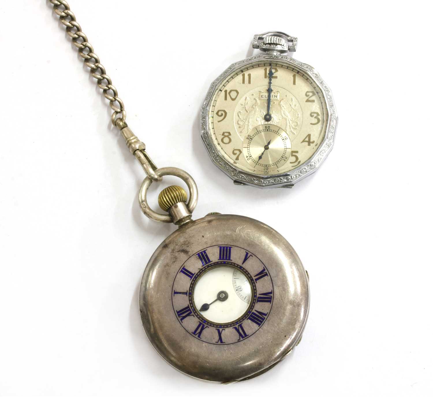 Lot 218 - A sterling silver pin set half hunter pocket watch
