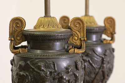 Lot 51 - A pair of gilt and patinated bronze Townley vase table lamps