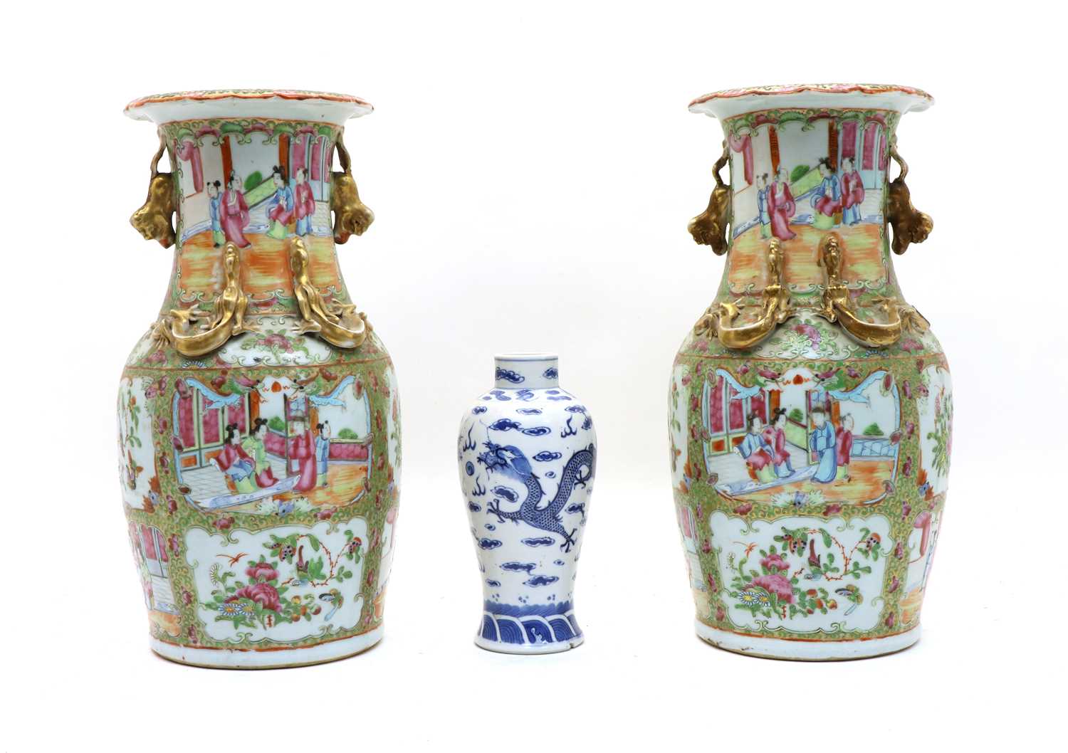 Lot 135 - A pair of Chinese vases with gilded Dragon handles