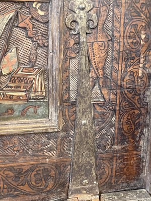 Lot 380 - An Italian carved cedarwood and penwork cassone