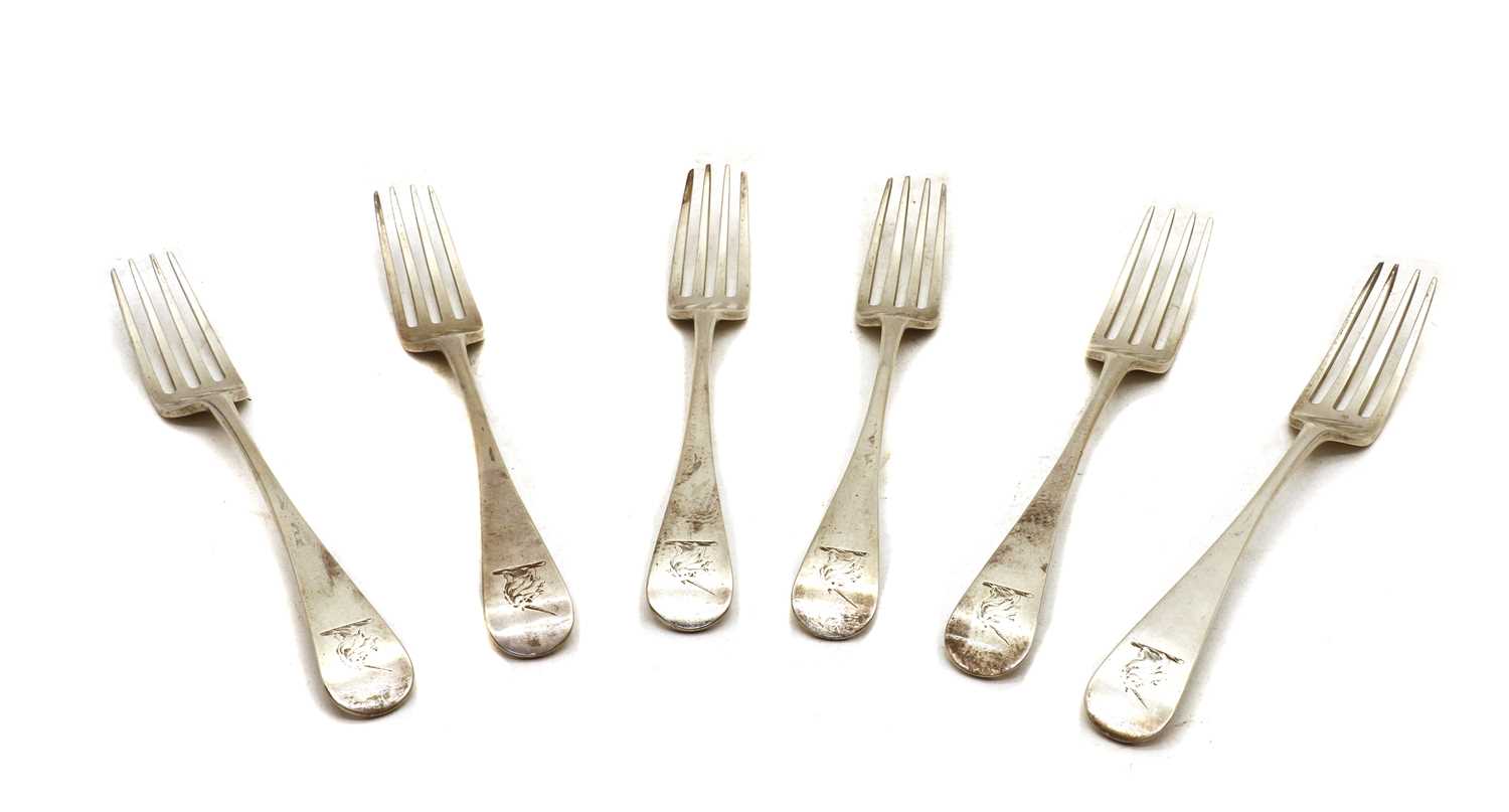 Lot 10 - A George III set of six silver Old English pattern table forks