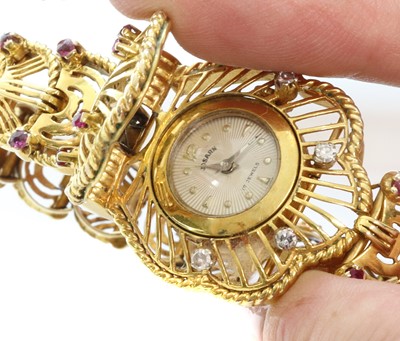 Lot 269 - A ladies' 9ct gold diamond and ruby Josarn mechanical cocktail watch, c.1950
