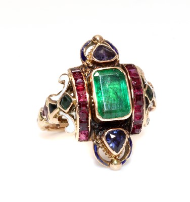 Lot 134 - A French Renaissance Revival style gemstone and enamel ring