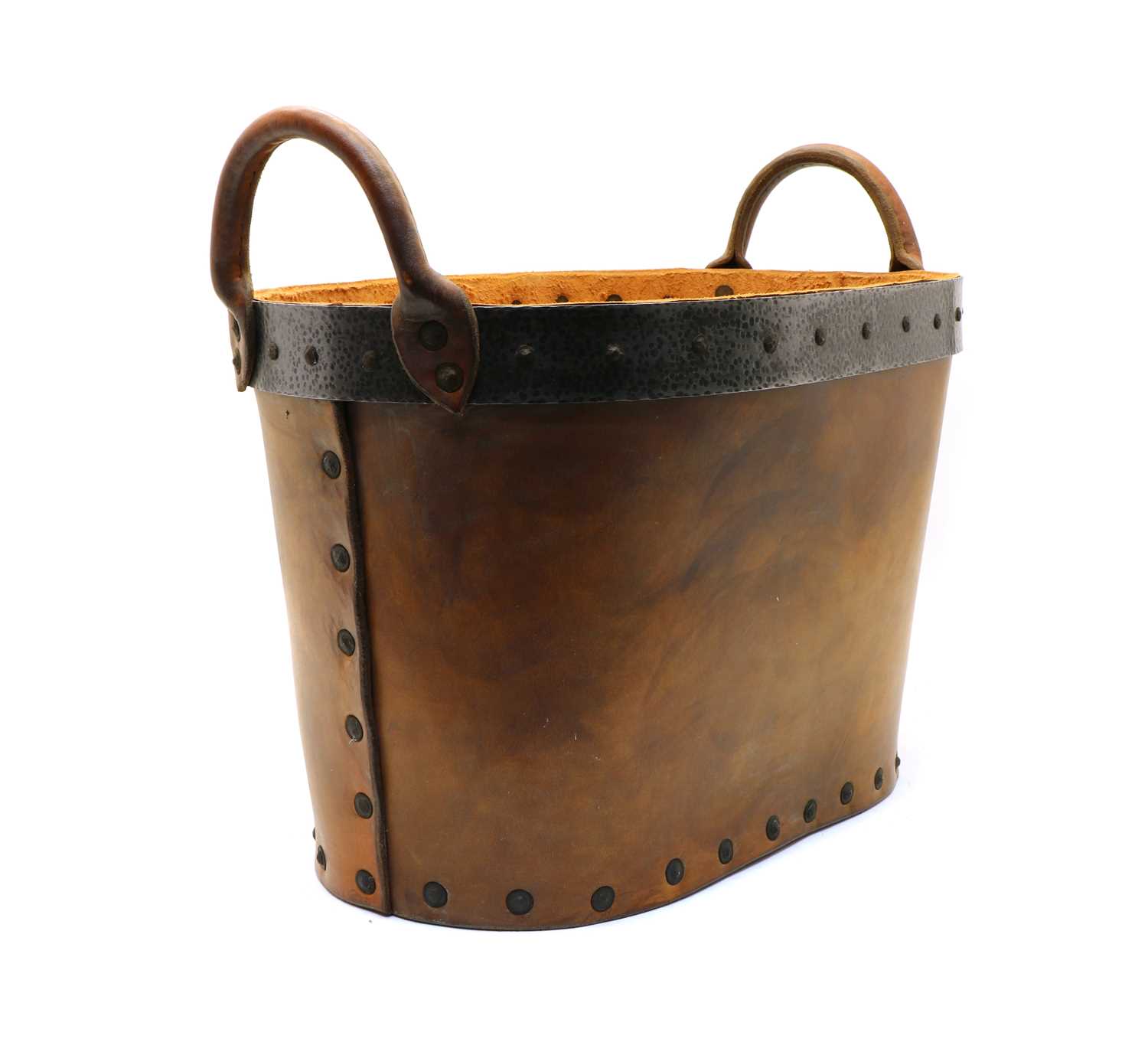 Lot 345 - A leather and iron band twin handled bucket