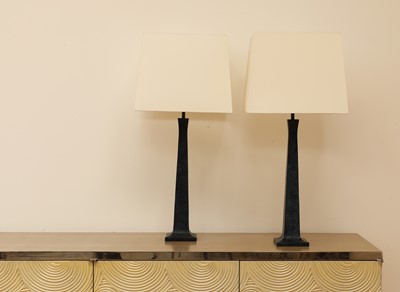Lot 760 - A pair of Maison Charles 'Pyramide' patinated bronze table lamps