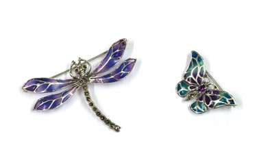 Lot 246 - A silver plique-à-jour enamel and marcasite set dragonfly brooch/pendant