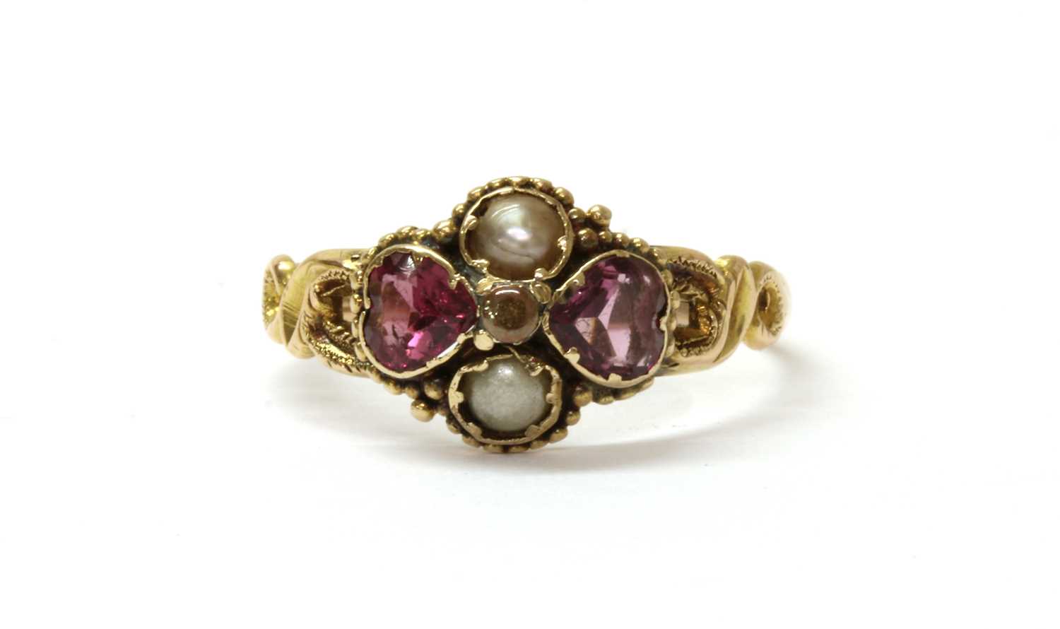 Lot 3 - A Victorian 15ct gold garnet and split pearl ring