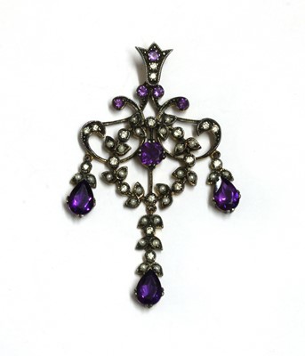 Lot 198 - A silver and gold, amethyst, split pearl and diamond pendant