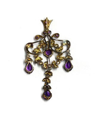 Lot 198 - A silver and gold, amethyst, split pearl and diamond pendant