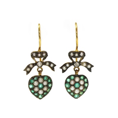 Lot 162 - A pair of silver and gold, emerald, diamond and split pearl drop earrings